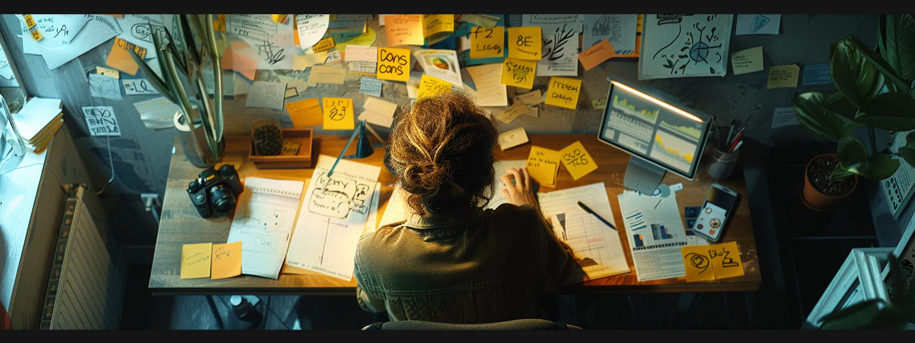 a person at a desk surrounded by sticky notes, charts, and graphs, meticulously planning and strategizing content development for seo improvement. a person at a desk surrounded by sticky notes, charts, and graphs, meticulously planning and strategizing content development for seo improvement.