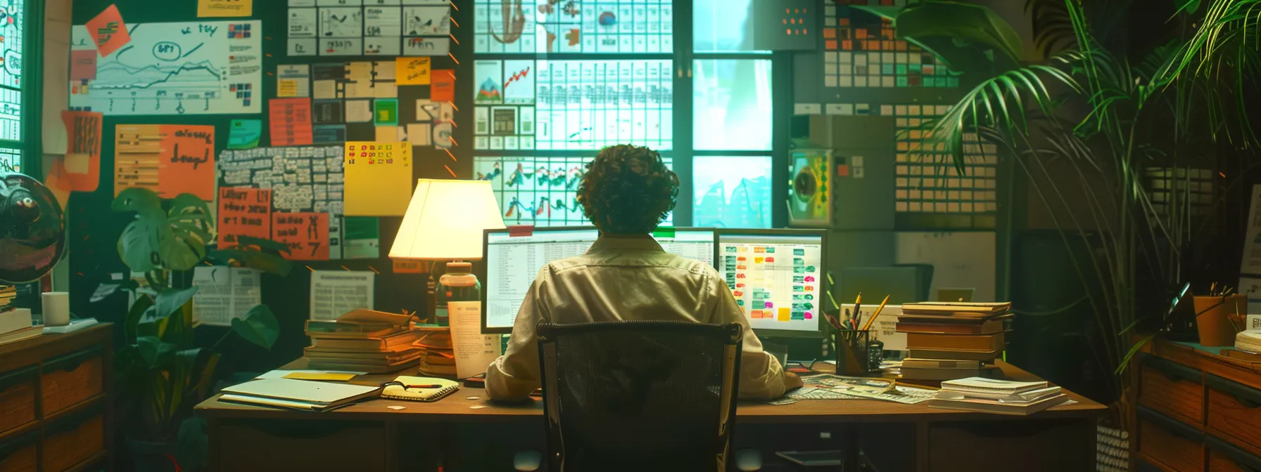 a person at a desk surrounded by colorful charts, graphs, and keyword research tools, focused and determined.
