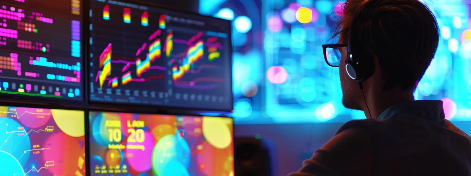 a person carefully analyzing a computer screen full of colorful graphs and charts, adjusting their keyword strategy for optimal seo performance.