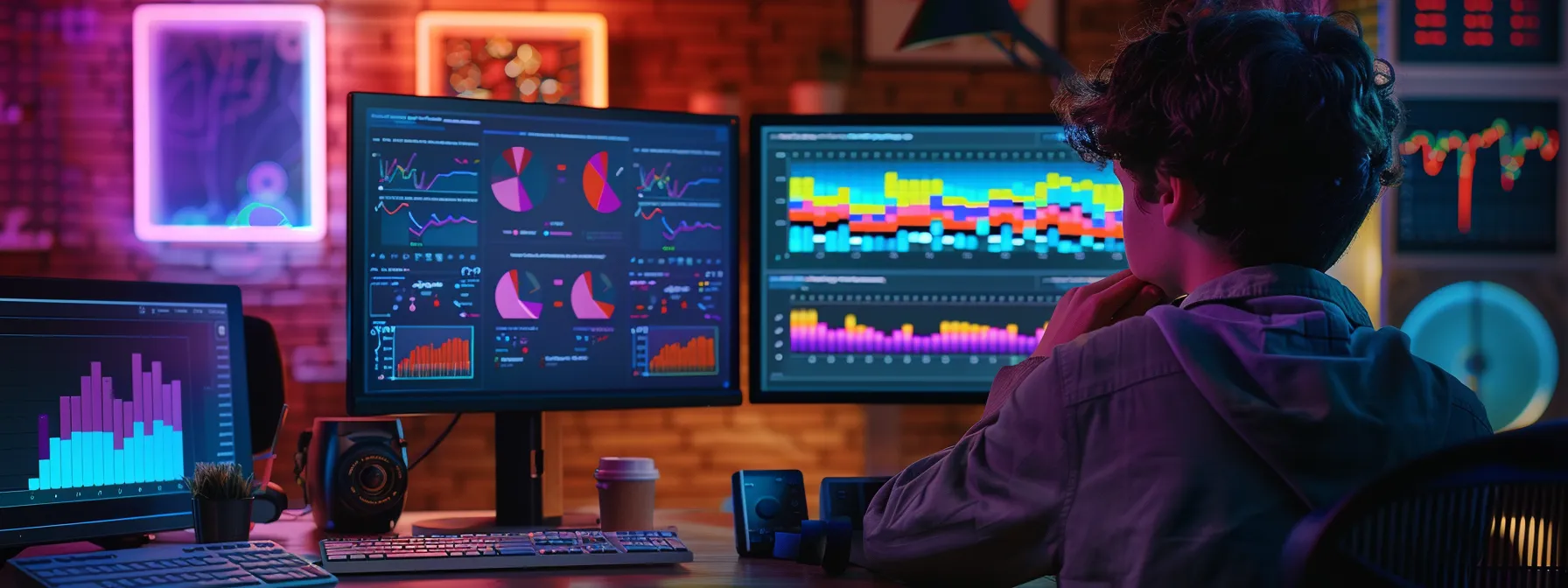 a person studying a computer screen with colorful data charts and graphs, analyzing traffic, user behavior, and performance data to measure the results of enhanced content strategies. a person studying a computer screen with colorful data charts and graphs, analyzing traffic, user behavior, and performance data to measure the results of enhanced content strategies.