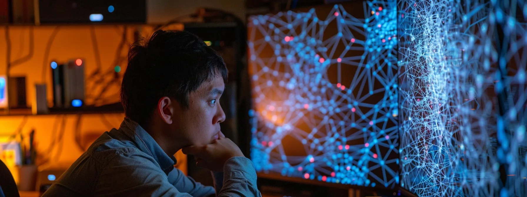 a researcher deep in thought surrounded by a web of interconnected keywords and search trends on a computer screen.