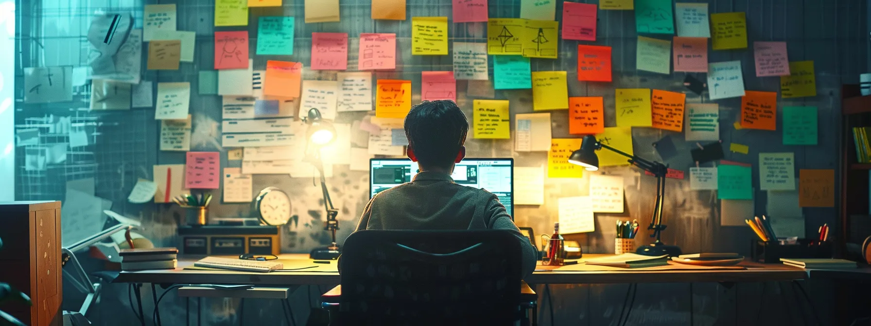a researcher sitting at a desk surrounded by colorful sticky notes with various keywords written on them.