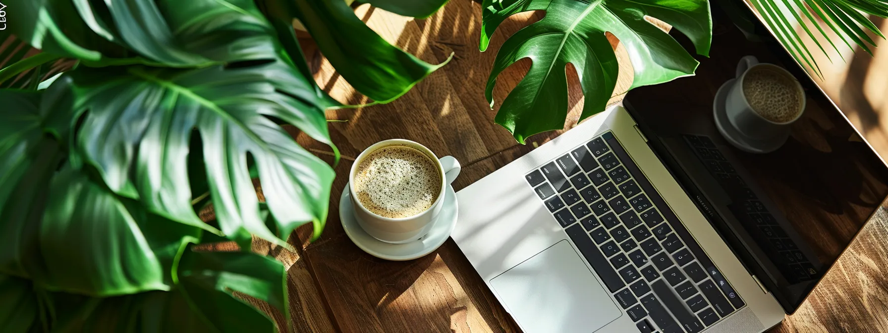 a vibrant, engaging blog post displayed on a sleek laptop screen, surrounded by a lush green plant and a cup of coffee.